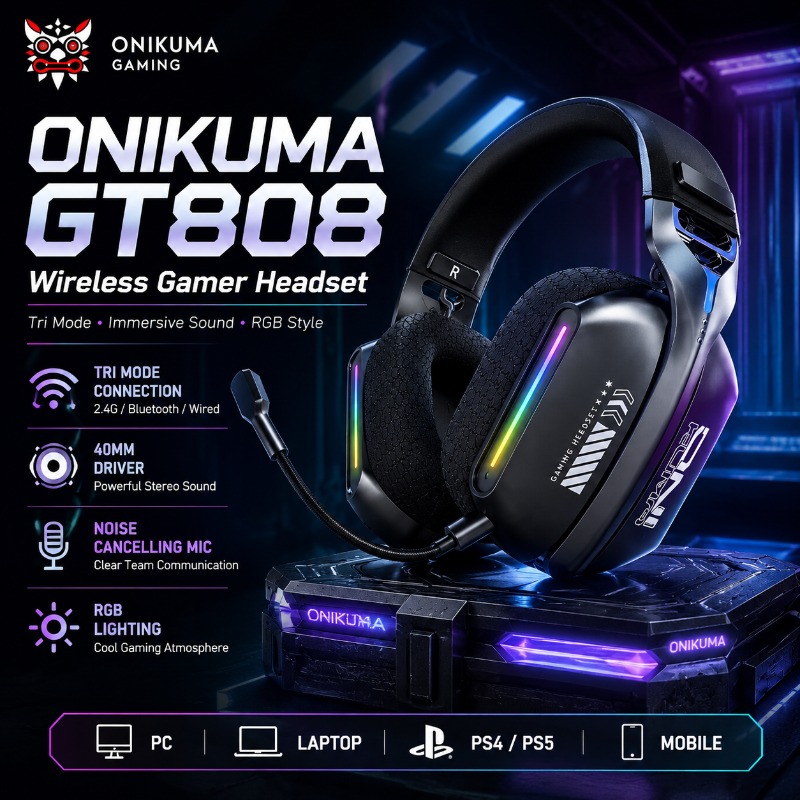 Gaming Headset With Mic Rgb - سماعة ألعاب لاسلكية ONIKUMA GT808 ثلاثية