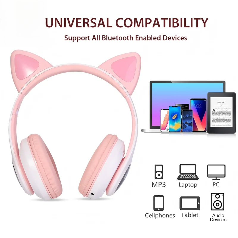 Cat Ear Bluetooth Headset Led - سماعات رأس لاسلكية بتقنية البلوتوث T28،