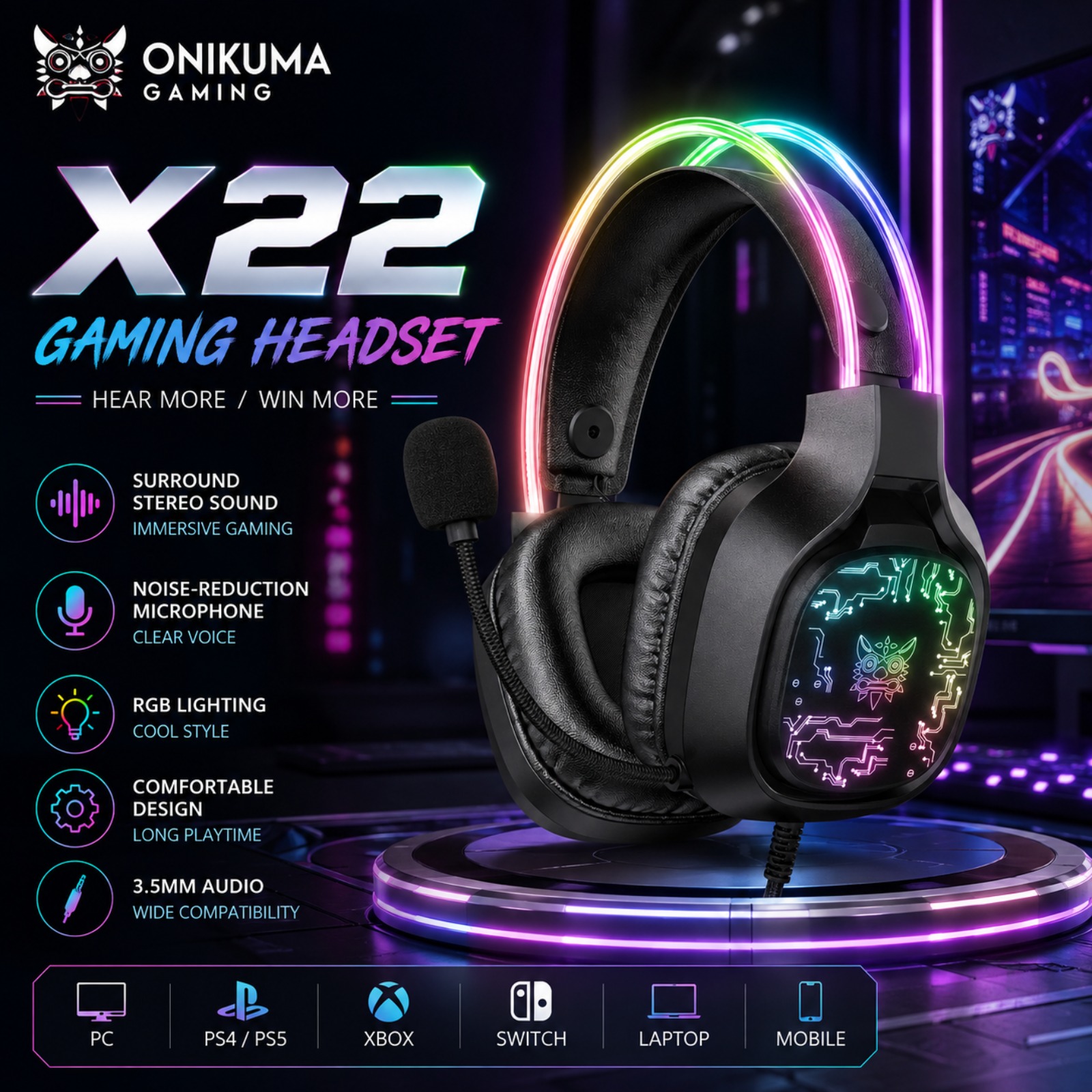 سماعة ألعاب سلكية ONIKUMA X22  - مراجعة Gaming Headset With Mic Rgb وسعره
